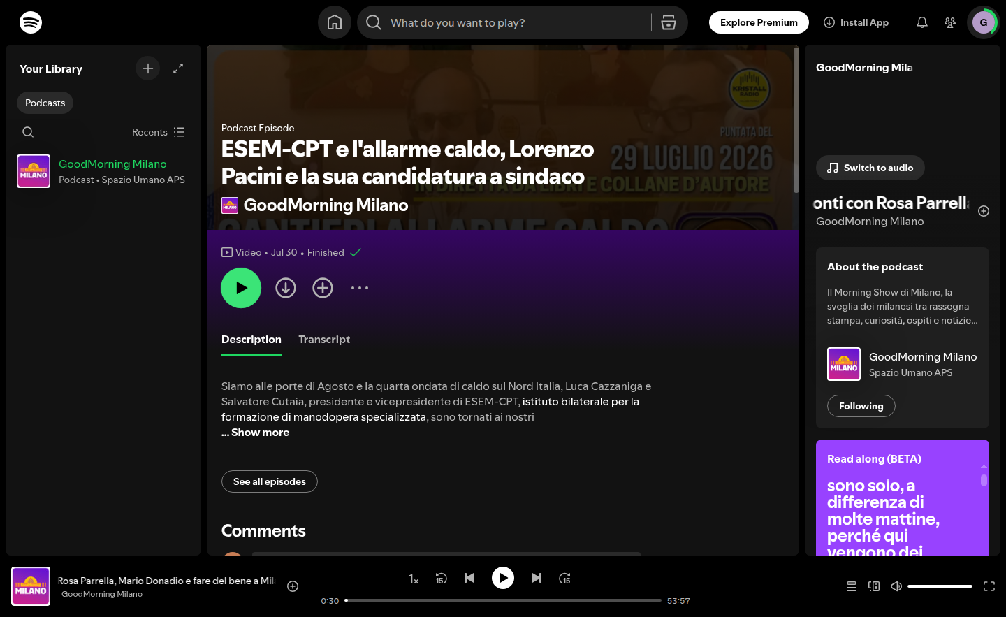 Schermata dell'ultimo click sul player